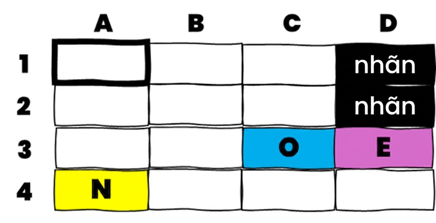 An Excel table with several coloured cells with letters