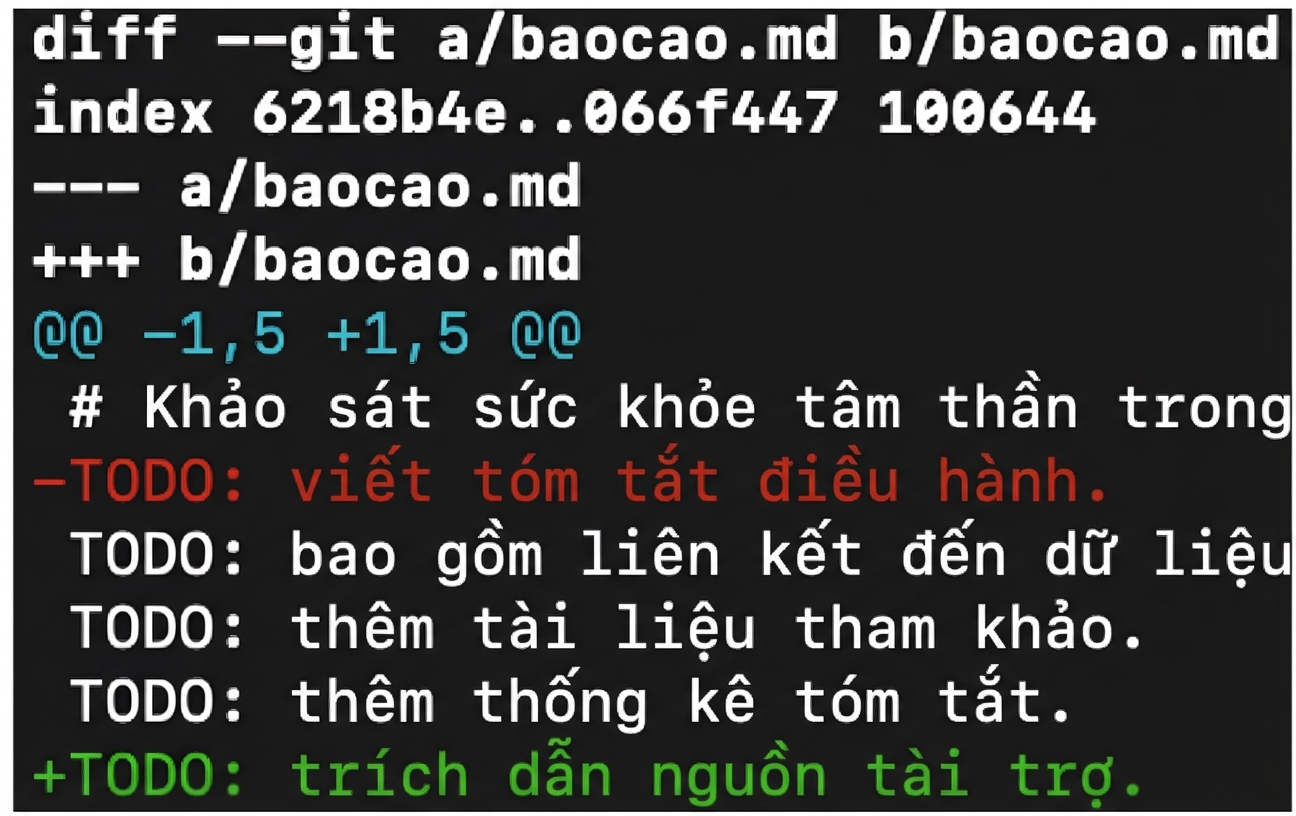 đầu ra git diff cho thấy "TODO: write executive summary."" bị xóa và "TODO: cite funding sources" được thêm