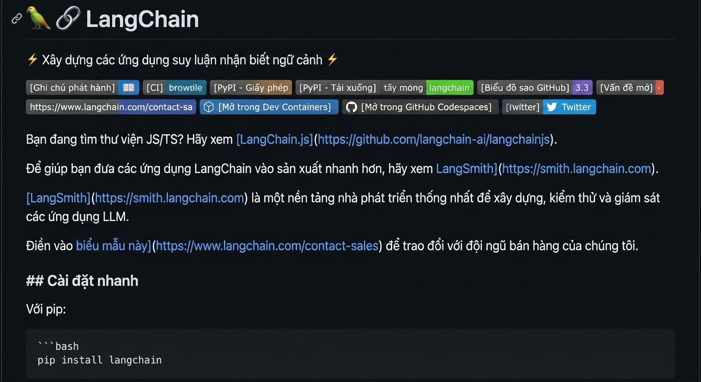 Markdown thô dùng để tạo file README trong kho GitHub của LangChain.