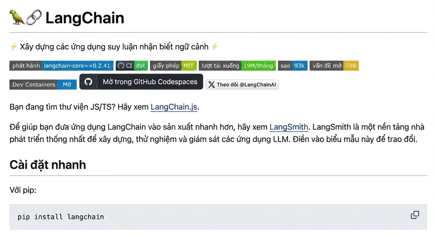 Markdown đã render từ file README.md của LangChain trên GitHub.