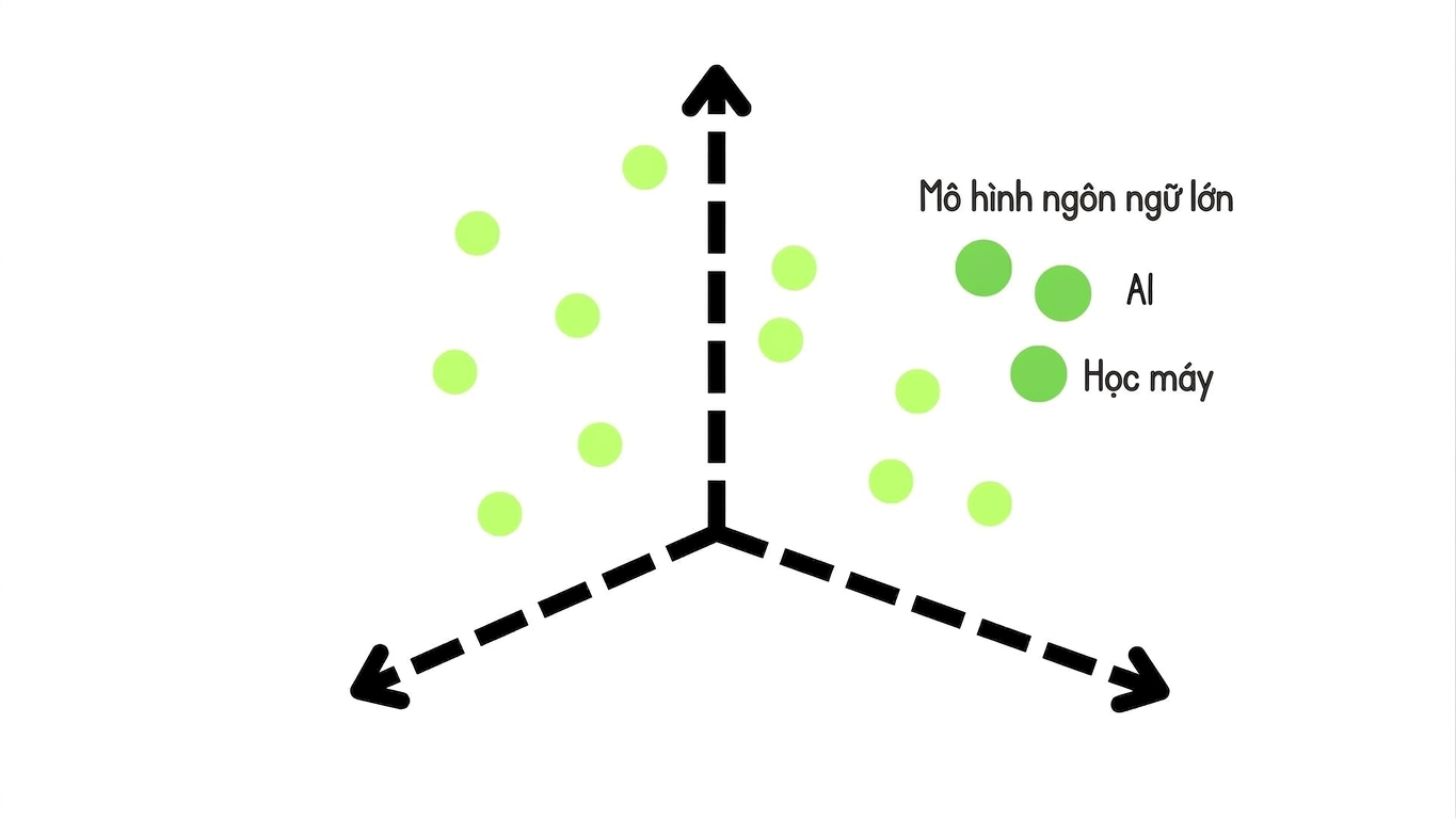 Một không gian vector với các thuật ngữ tương tự được nhóm gần nhau: Large Language Model, AI, và Machine Learning.