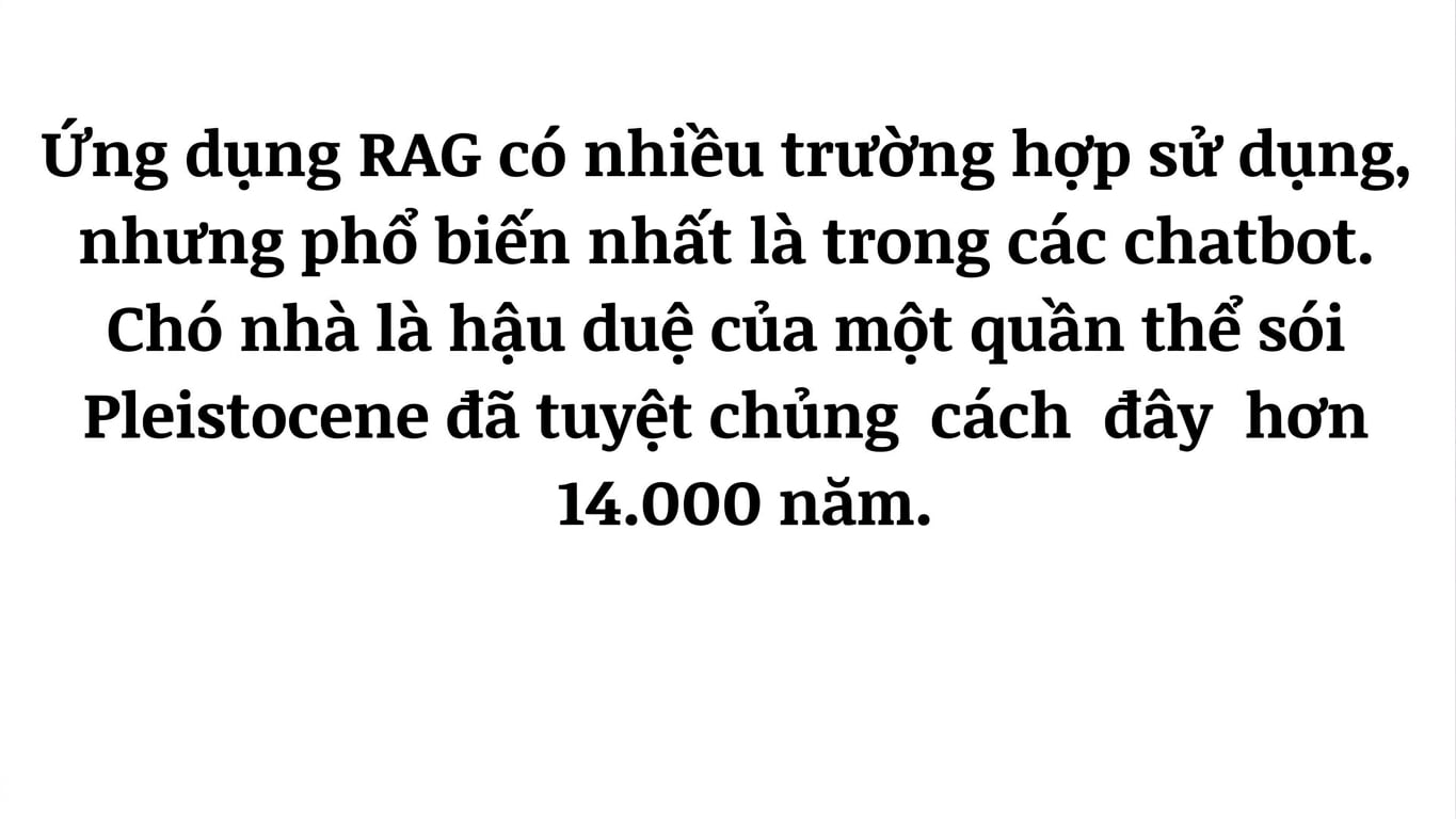 Một đoạn văn gồm câu về ứng dụng RAG và một câu về chó.