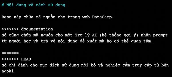 trình soạn thảo web nano xóa cú pháp Git <<<<<<< documentation, =======, và >>>>>>> HEAD