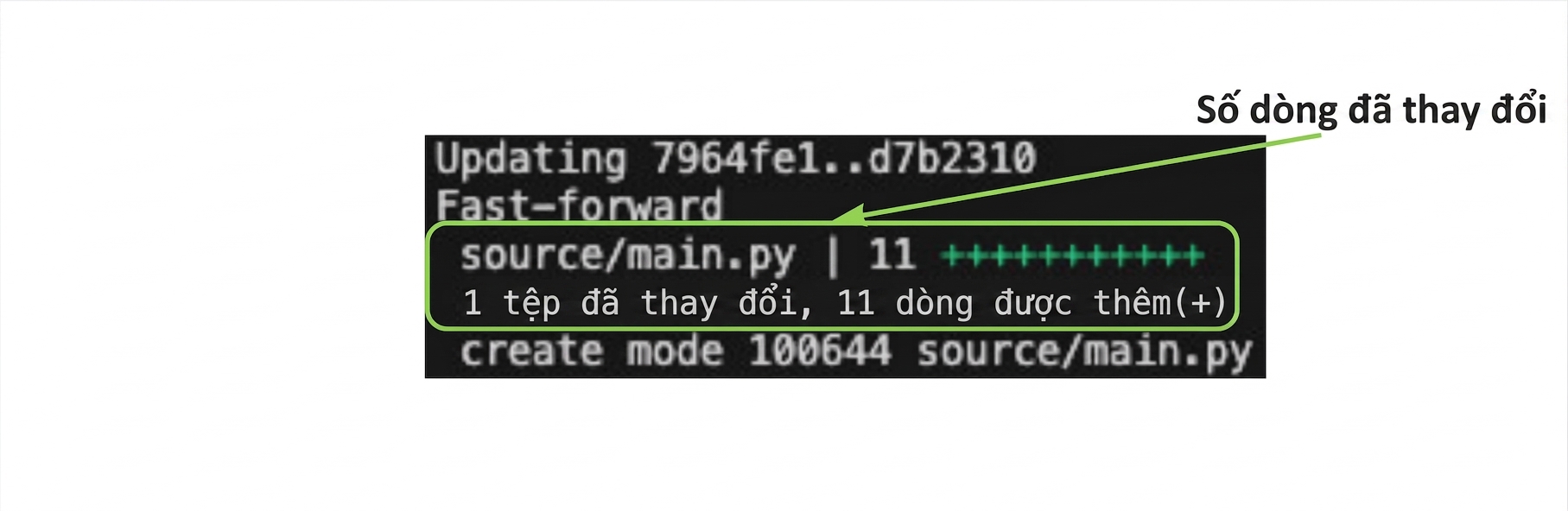 git_merge_output với phần tô sáng số dòng thay đổi