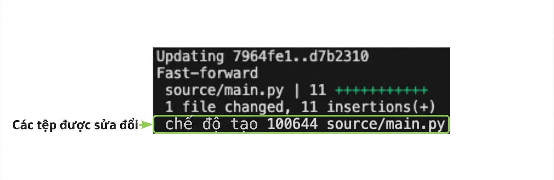 git_merge_output với phần tô sáng dòng cuối hiển thị tên tệp được tạo