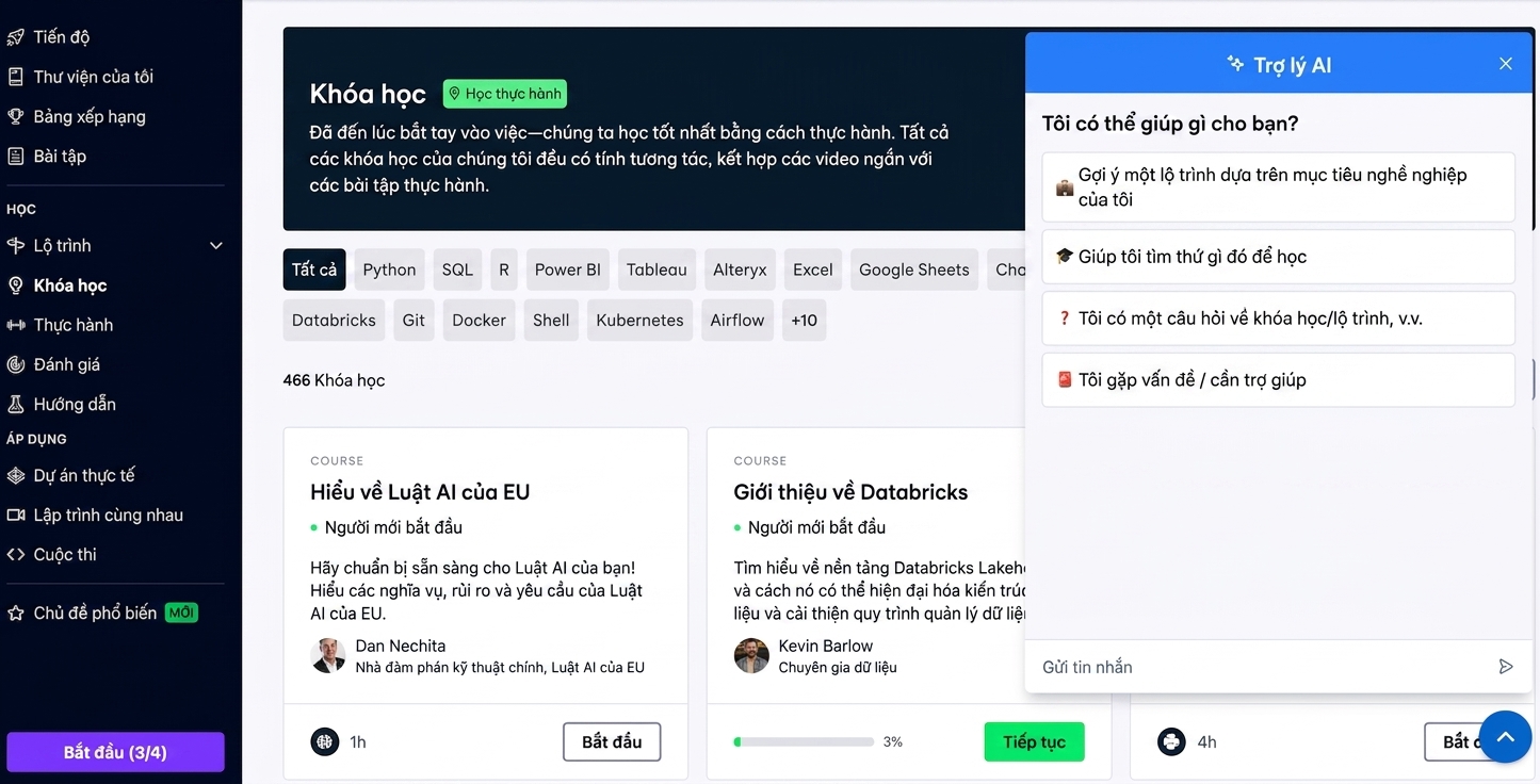 Trang khóa học DataCamp với AI Assistant