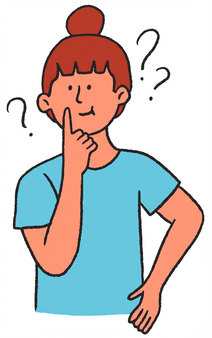 Một người với vẻ đang suy nghĩ và dấu hỏi quanh đầu