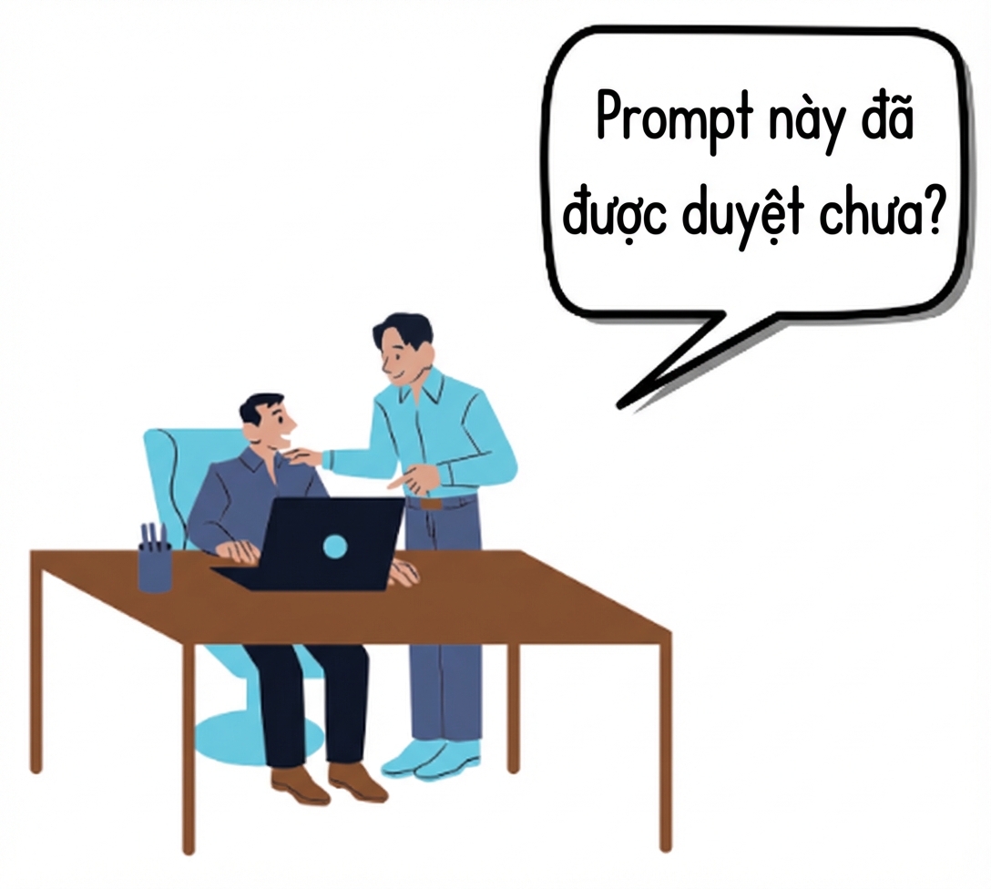 Hai người bên bàn với laptop, một người hỏi prompt đã được duyệt chưa