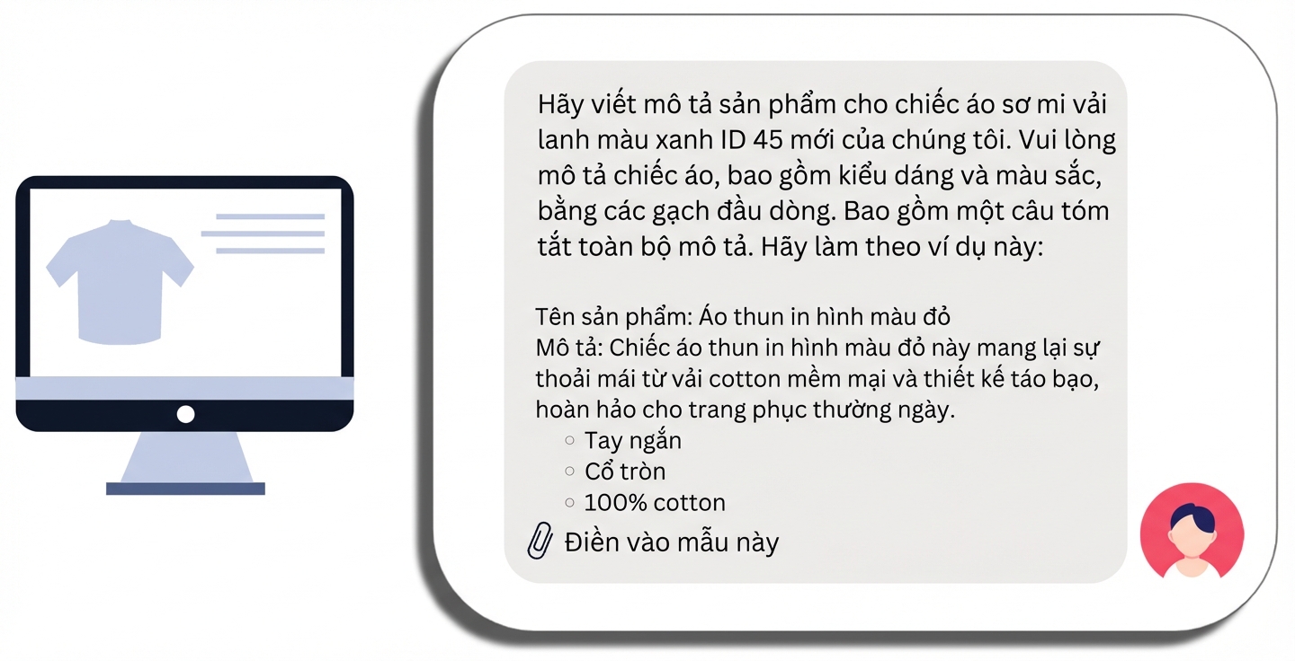 Một prompt mô tả sản phẩm cho áo sơ mi với tên sản phẩm, yêu cầu cụ thể, ví dụ và mẫu