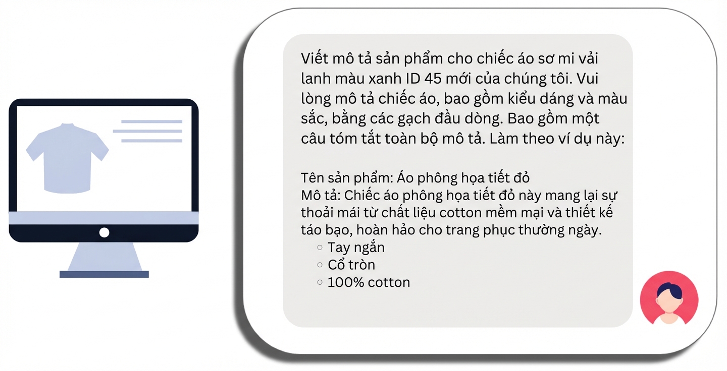 Một prompt mô tả sản phẩm cho áo sơ mi với tên sản phẩm, yêu cầu cụ thể và ví dụ