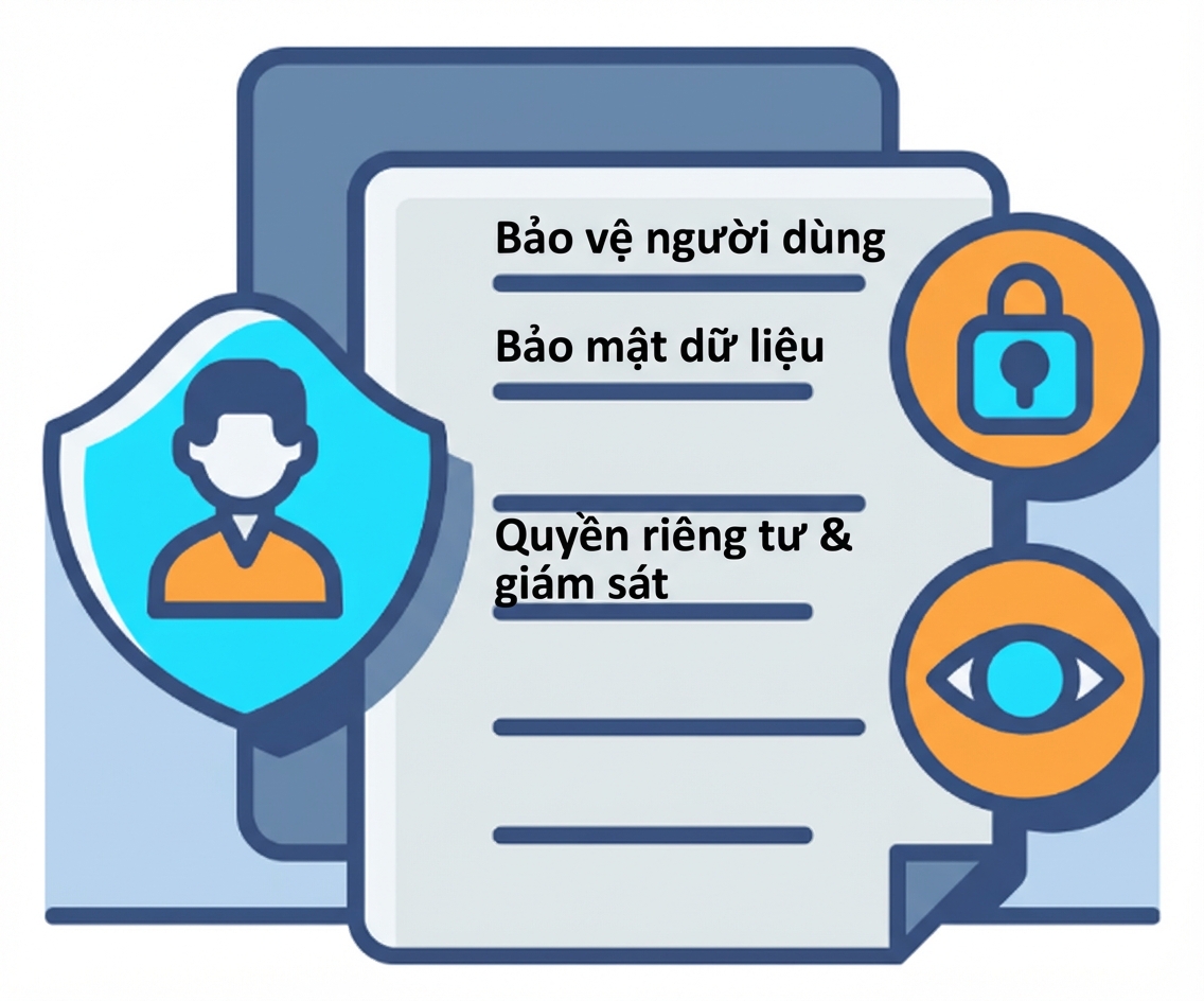 Minh họa tài liệu với các khiên như khóa và mắt, biểu thị quyền riêng tư và bảo mật