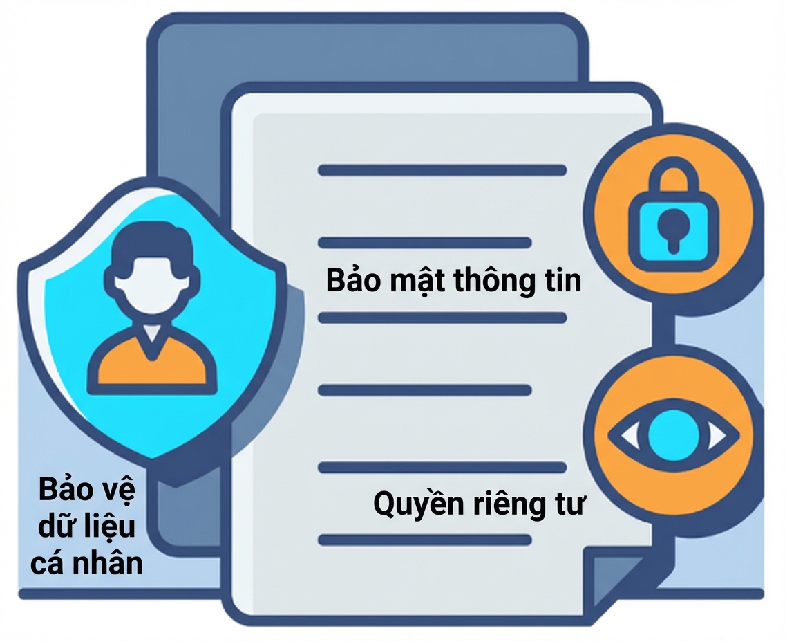 Minh họa tài liệu với các biểu tượng như ổ khóa và con mắt để mô tả các lưu ý