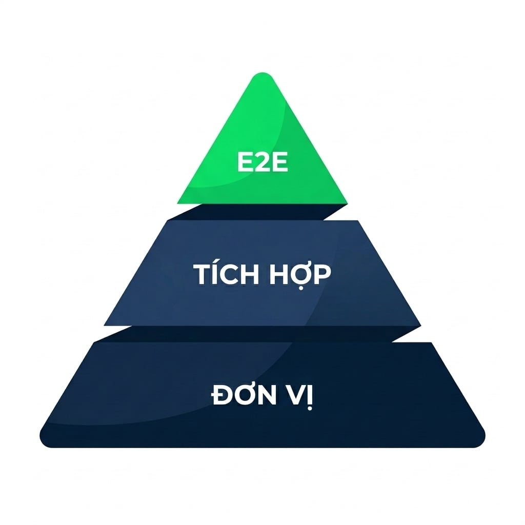 nanobanana: half: Kim tự tháp kiểm thử với ba lớp ngang xếp chồng, đáy rộng ghi unit tests, lớp giữa ghi integration tests, đỉnh hẹp ghi end-to-end tests