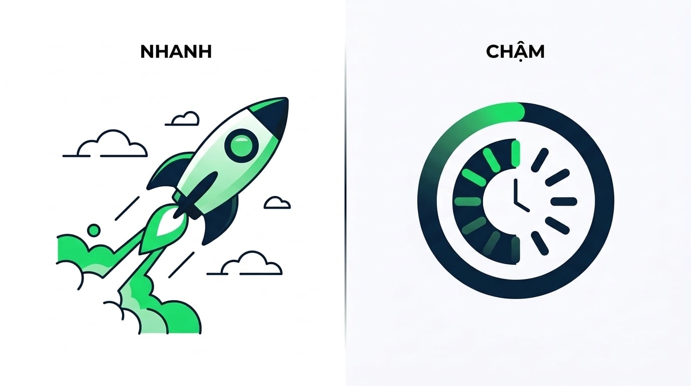 nanobanana: half: Minh họa chia đôi: một ứng dụng phản hồi nhanh như tên lửa phóng mượt mà ở một bên và biểu tượng tải quay chậm ở bên kia, phong cách vector phẳng