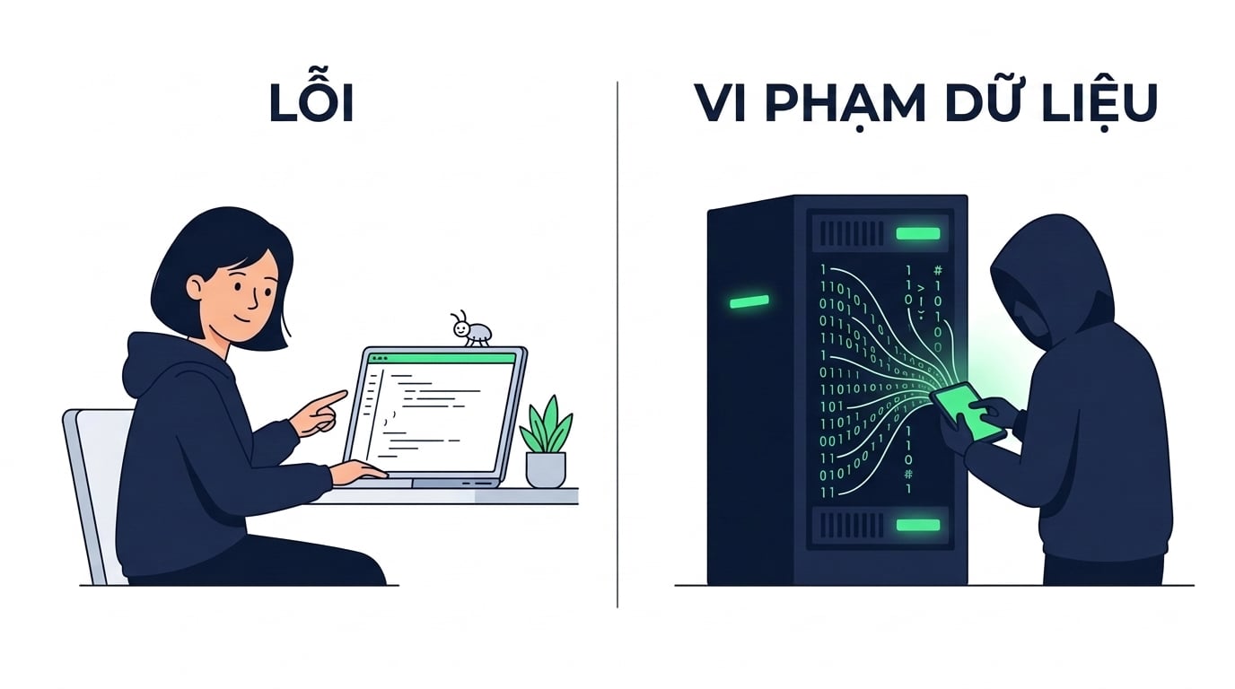 nanobanana: half: Một lập trình viên phát hiện lỗi nhỏ vô hại trên màn hình laptop ở một bên, bên kia là một bóng đen với dữ liệu tuôn ra từ máy chủ, minh họa phẳng đối lập hai kịch bản
