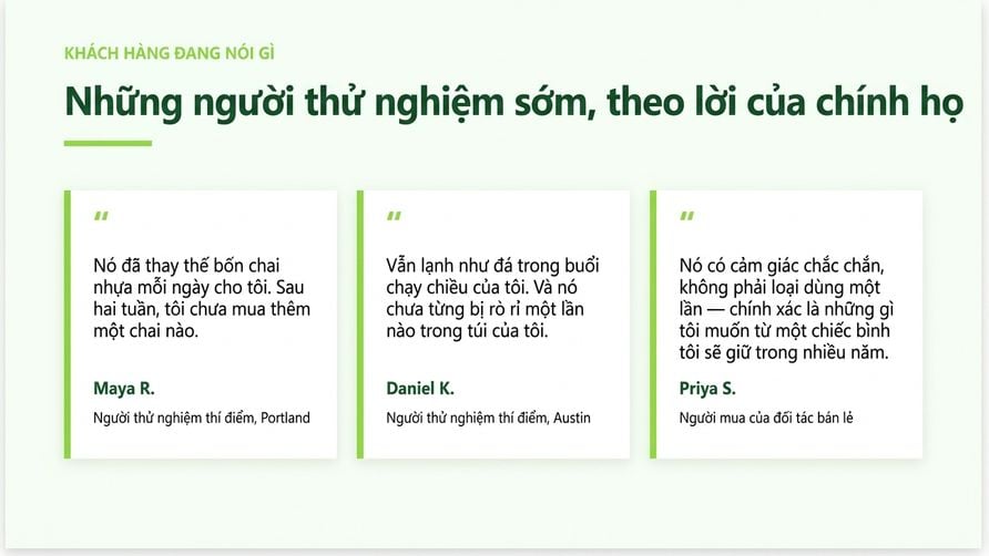 Slide lời chứng thực mà Copilot đã thêm, với ba thẻ trích dẫn đúng nhận diện thương hiệu
