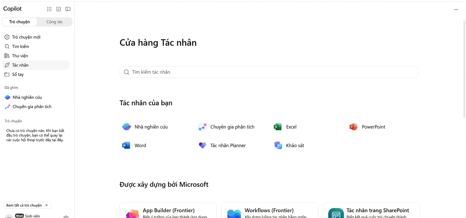 Agent Store trong Copilot, hiển thị Researcher và Analyst trong số các tác tử tích hợp sẵn