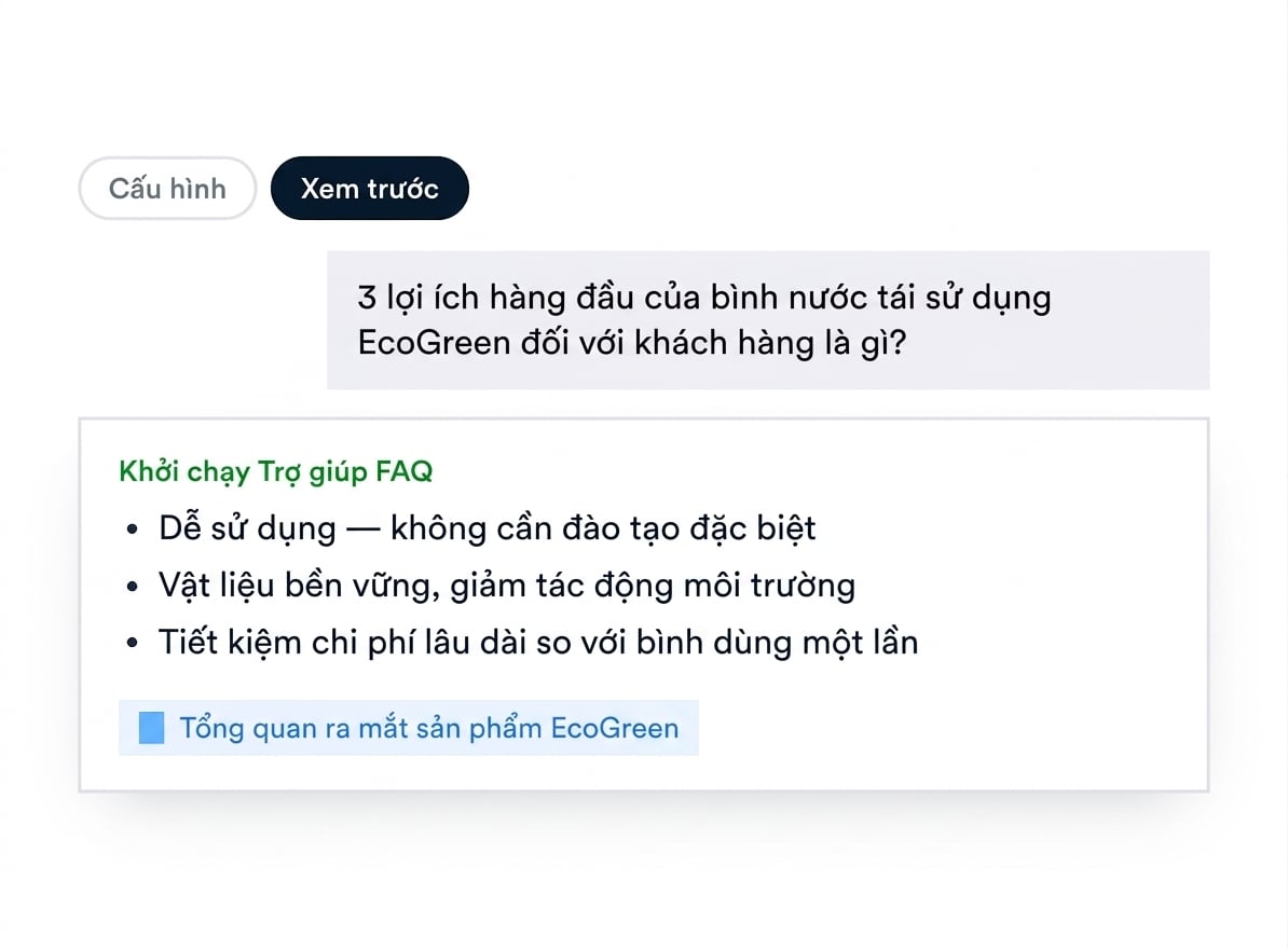 Sơ đồ bảng Preview: câu hỏi thử, agent trả lời bằng ba gạch đầu dòng, và nguồn tri thức được trích dẫn