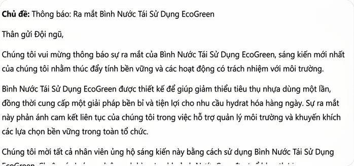 Bản nháp email thông báo bằng giọng doanh nghiệp trang trọng của Copilot