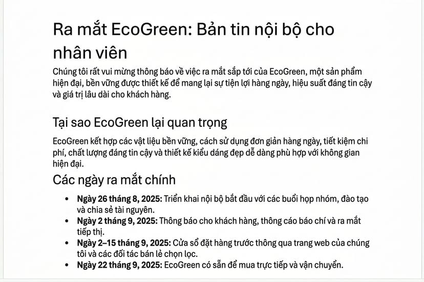 Bản tin EcoGreen do Copilot soạn trong Word, có tiêu đề rõ ràng và các đoạn ngắn