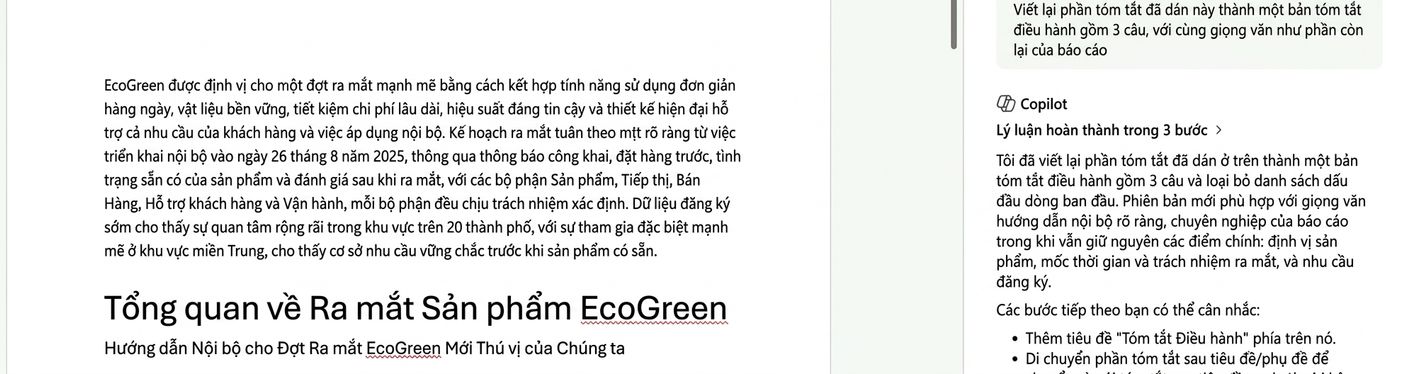 Word chuyển bản tóm tắt xuyên tệp đã dán thành phần tóm tắt điều hành 3 câu ở đầu báo cáo EcoGreen