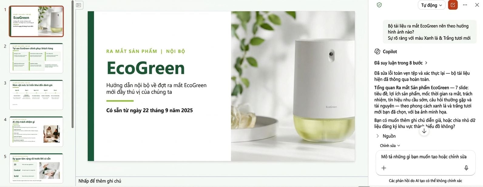 Copilot dựng một bộ slide EcoGreen nhiều trang trong PowerPoint: ngăn suy luận bên cạnh dải hình thu nhỏ của các slide đã tạo