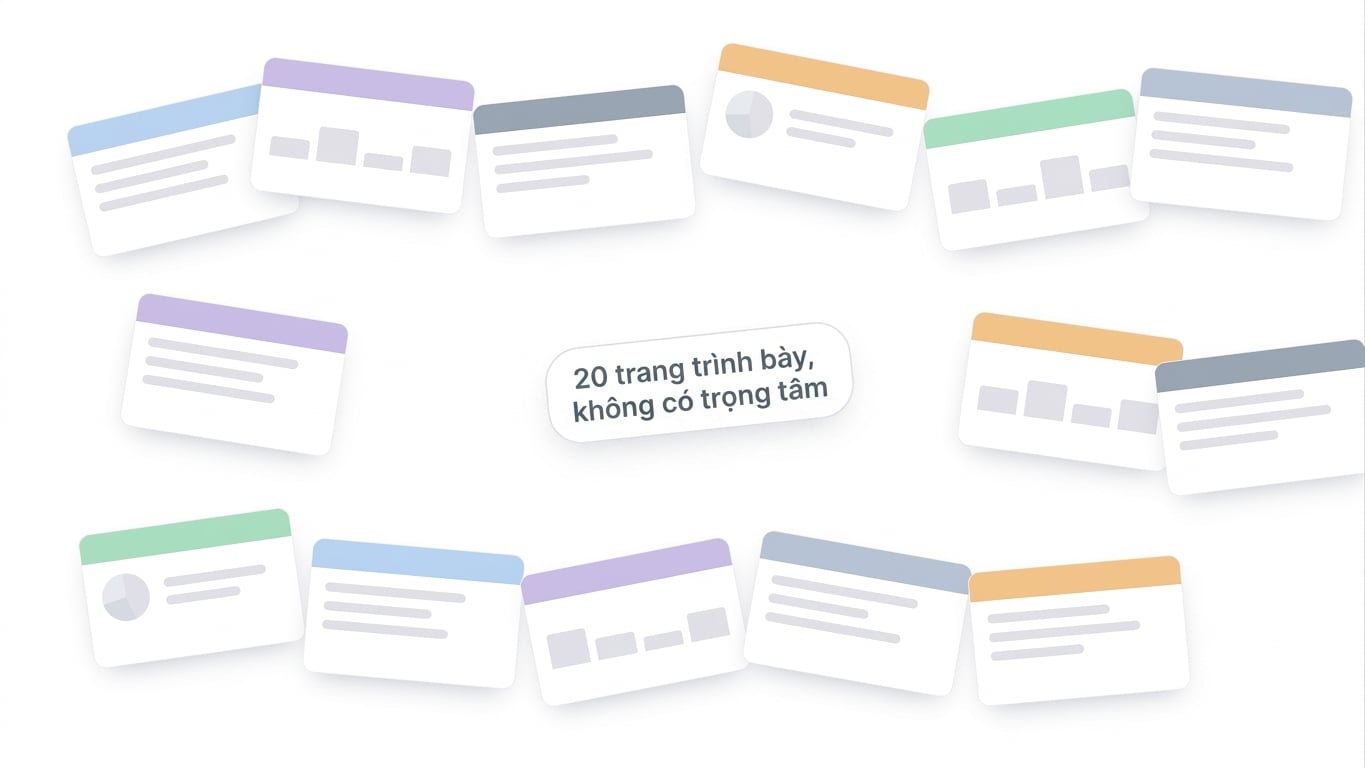 Một đống slide rời rạc gắn thẻ "20 slides, no focus", minh họa đầu ra ngợp ngà khi yêu cầu mơ hồ