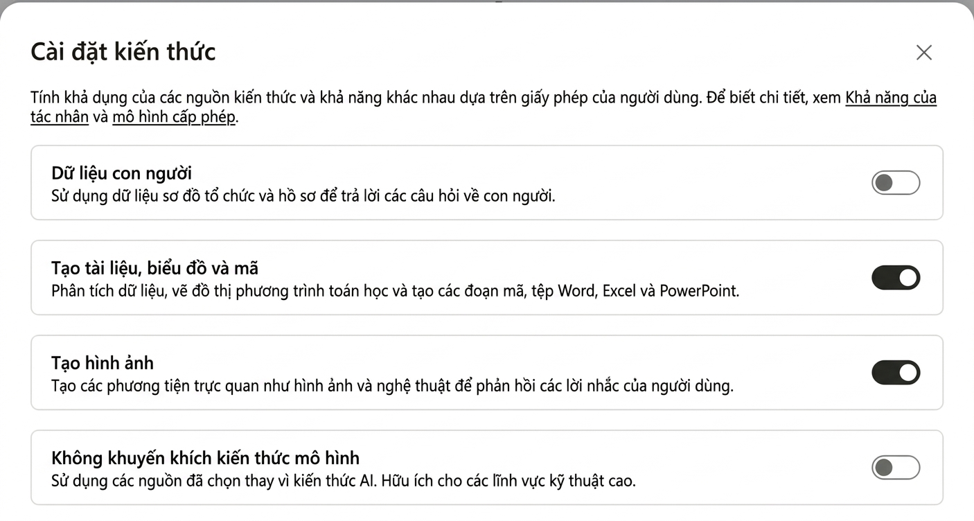 Hộp thoại Knowledge settings với Create documents, charts, and code và Create images đều đang bật