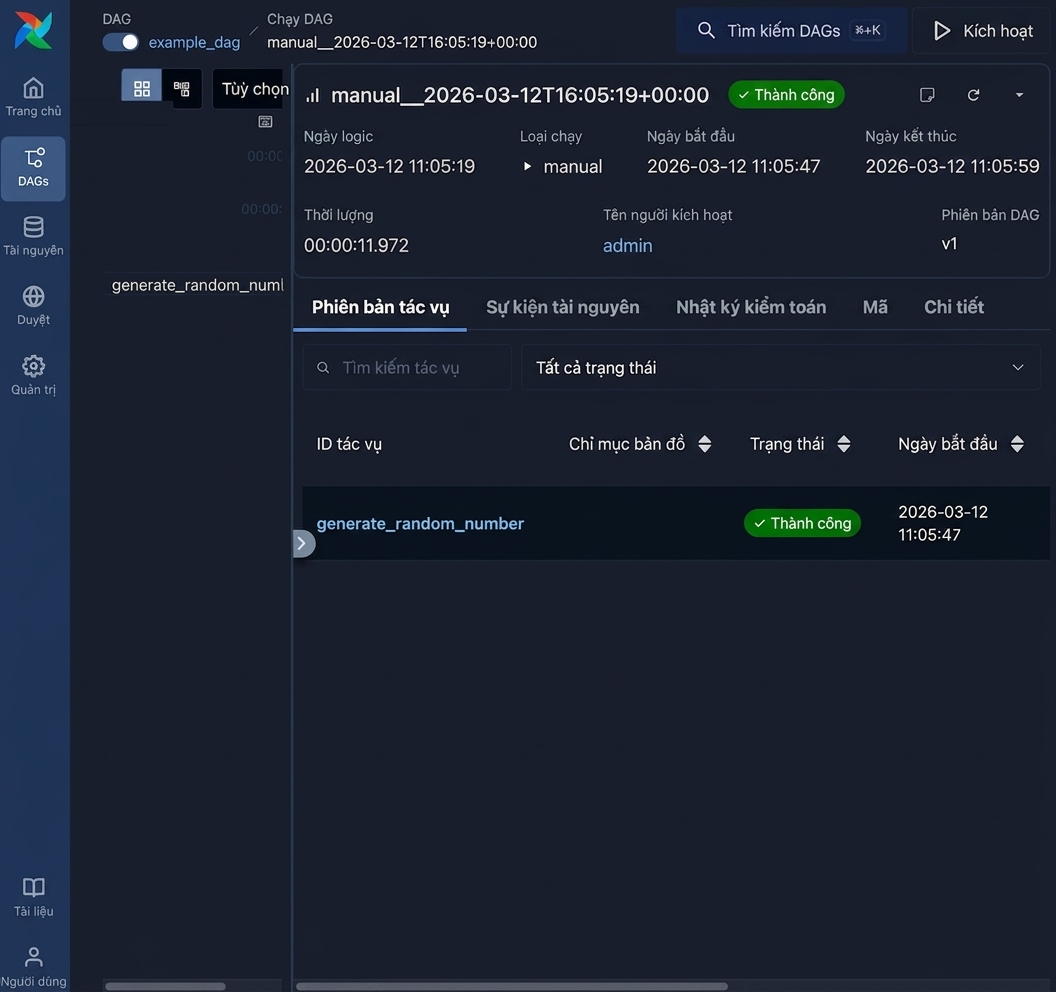 Chế độ xem tác vụ của lượt chạy Dag hiển thị chi tiết từng tác vụ như generate_random_number