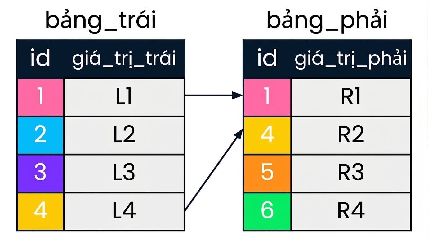 Sơ đồ hiển thị hai bảng: left_table và right_table. Các giá trị id khớp nhau ở hai bảng được tô cùng màu và nối bằng mũi tên.