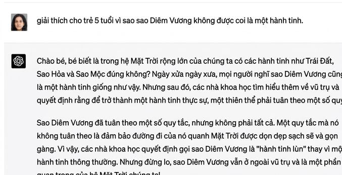 Một đoạn chat mẫu giải thích vì sao Diêm Vương Tinh không còn là hành tinh trong Hệ Mặt Trời cho trẻ 5 tuổi.