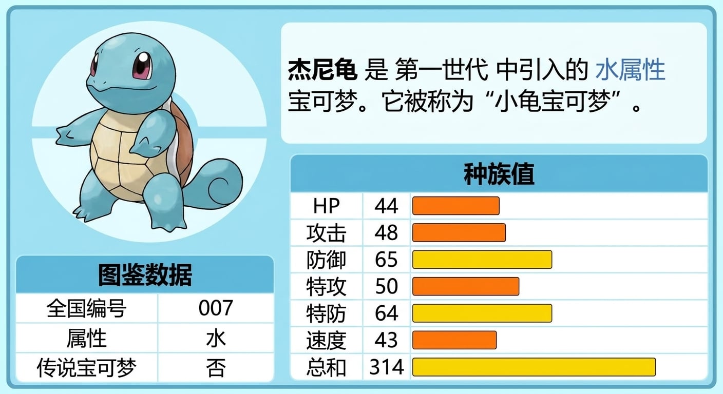 alt="名为杰尼龟的宝可梦及其元数据,突出显示生命值、攻击、防御、特攻、特防、速度和总和字段"