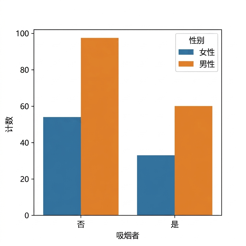 按吸烟状态统计,并区分男性与女性的计数图