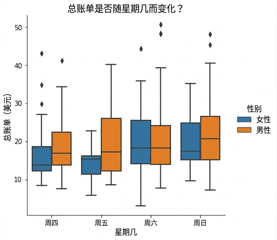 按周几的总账单箱线图,按男女分组
