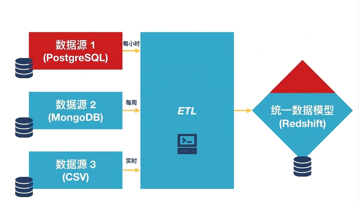 ETL 示意图，显示从源到目标需受限的数据部分