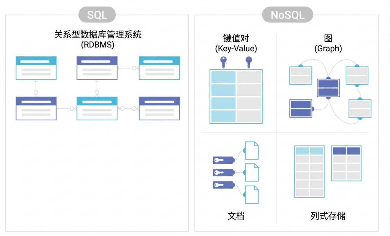 比较 SQL 与 NoSQL DBMS 存储的示意图