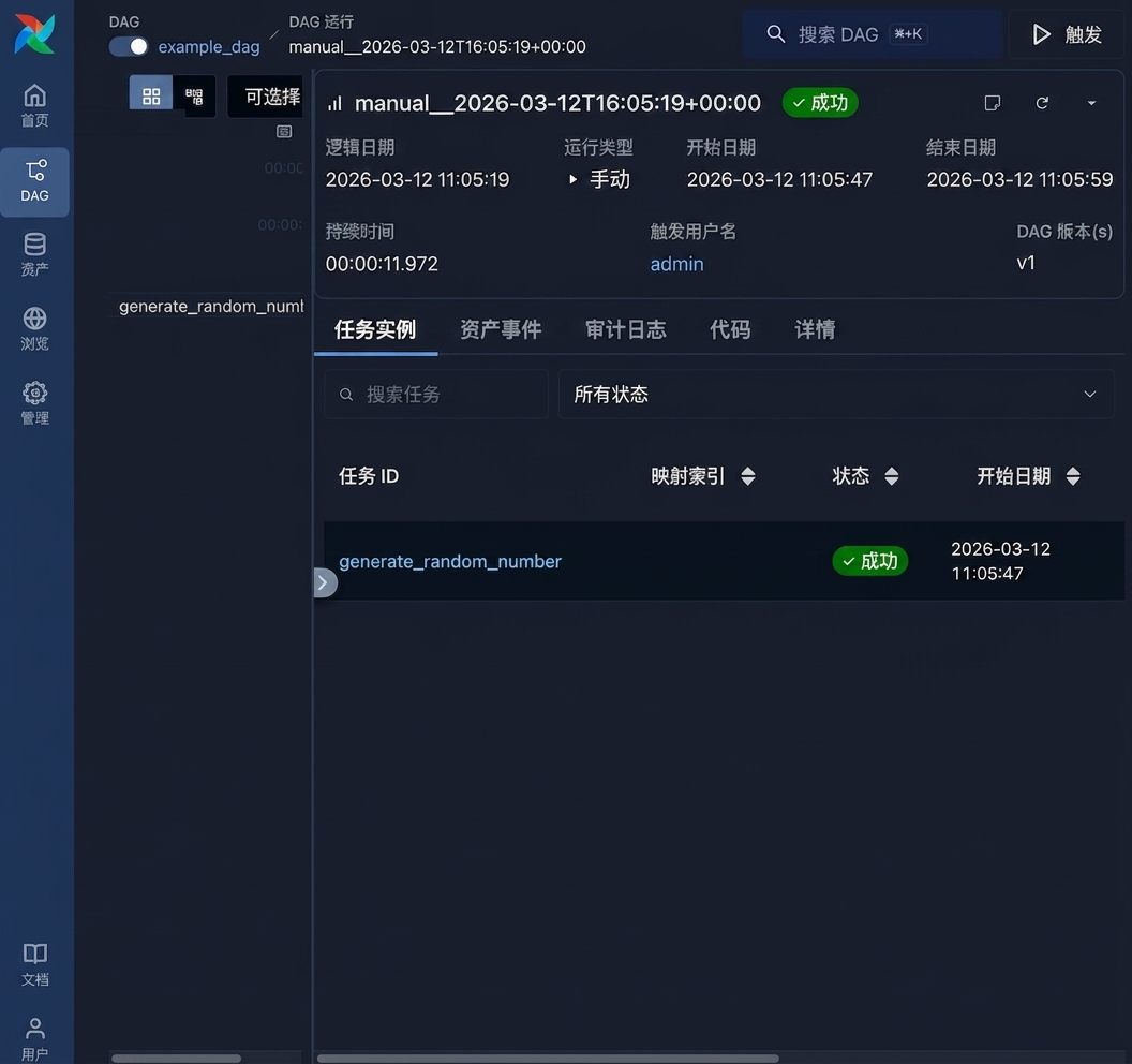Airflow DAG 运行的任务视图，列出各任务详情，如 generate_random_number