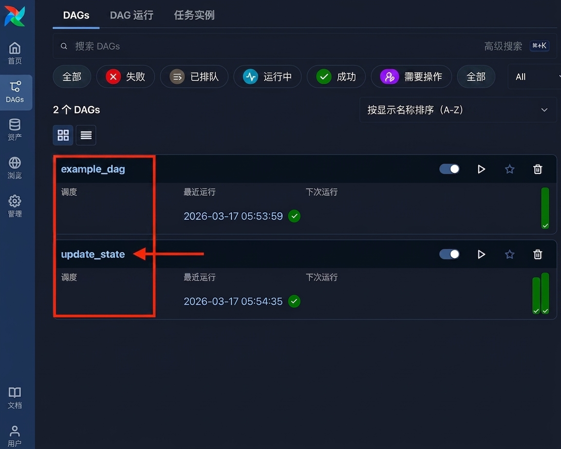 Airflow Dags 视图，突出显示 update_state Dag 链接