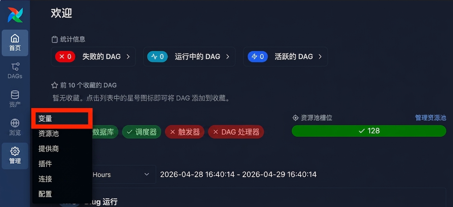 Airflow UI 打开 Admin 菜单并显示 Variables 选项