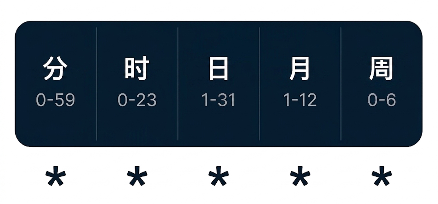展示五个以空格分隔时间字段的 cron 语法示意图