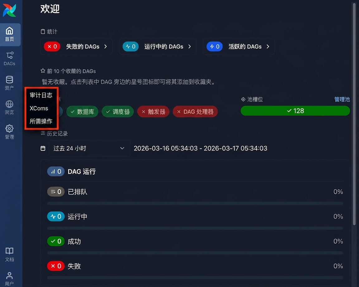 Airflow UI，打开 Browse 菜单，显示审计日志选项