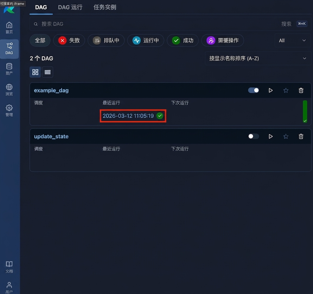 Airflow DAGs 视图，显示最新一次成功运行，带绿色对勾
