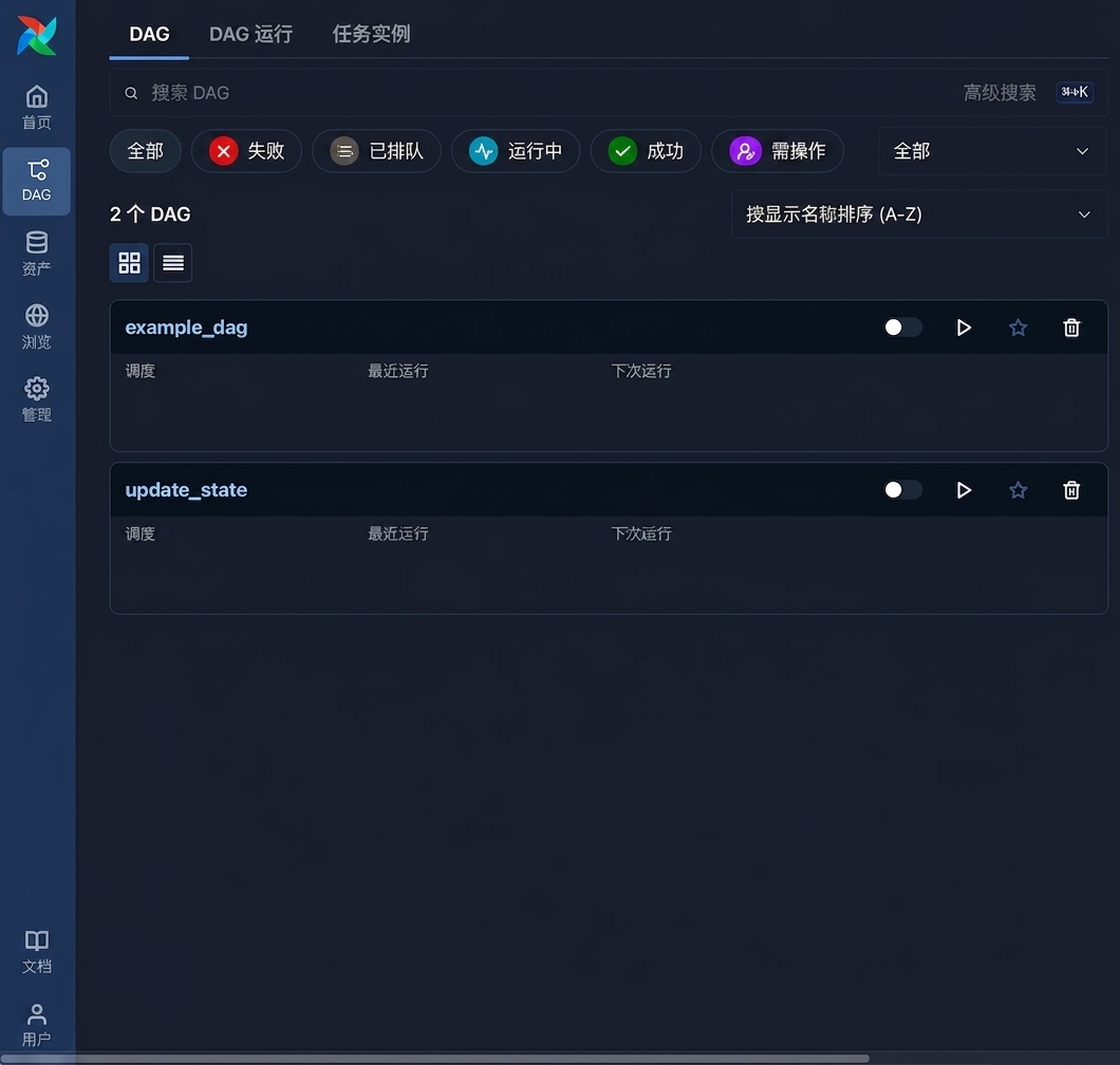 Airflow DAGs 视图，显示两个已加载的 DAG 及交互选项