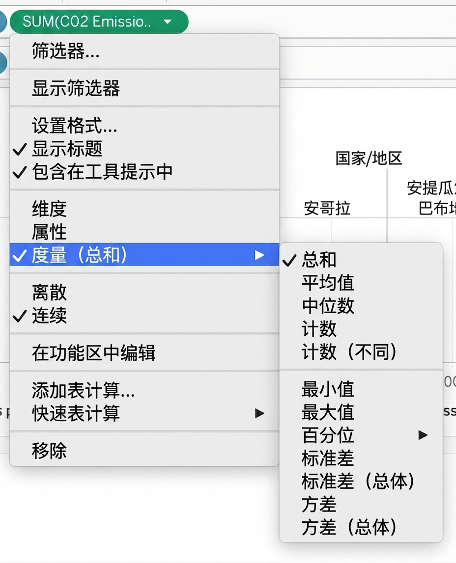 用于汇总度量的 Tableau 下拉菜单