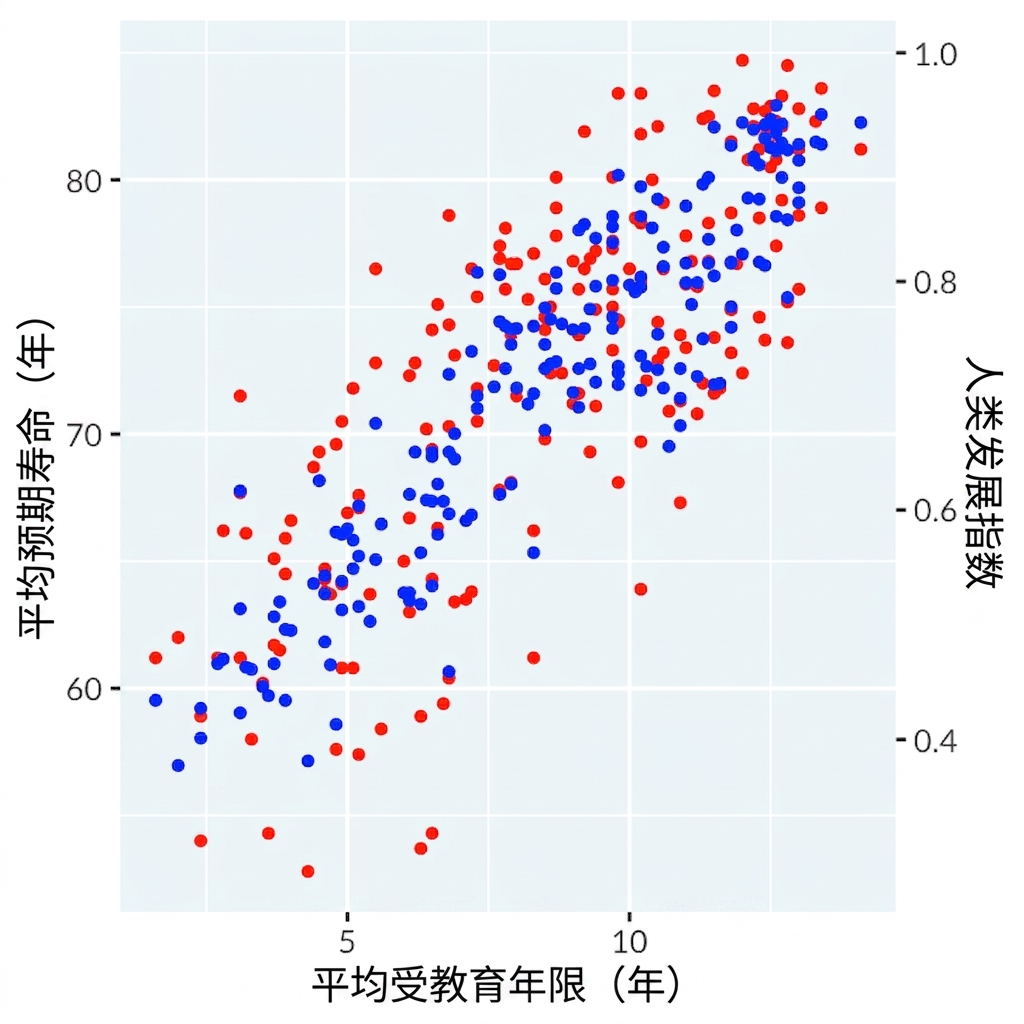 学龄年限与双坐标轴（预期寿命与人类发展指数）的散点图，因误导轴而出现伪相关