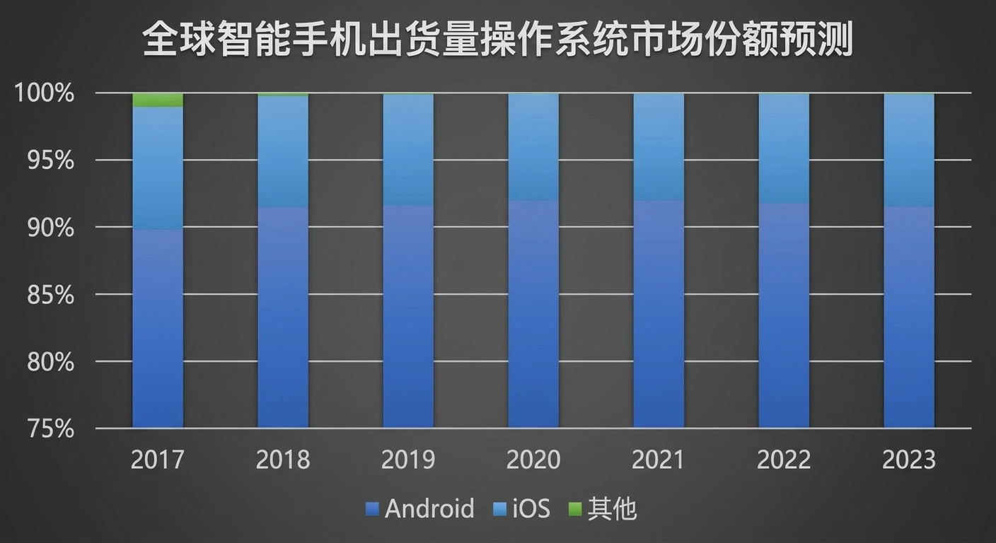 某营销公司的堆叠条形图，预测各手机操作系统的市场份额。y 轴从 75% 开始，而非 0。