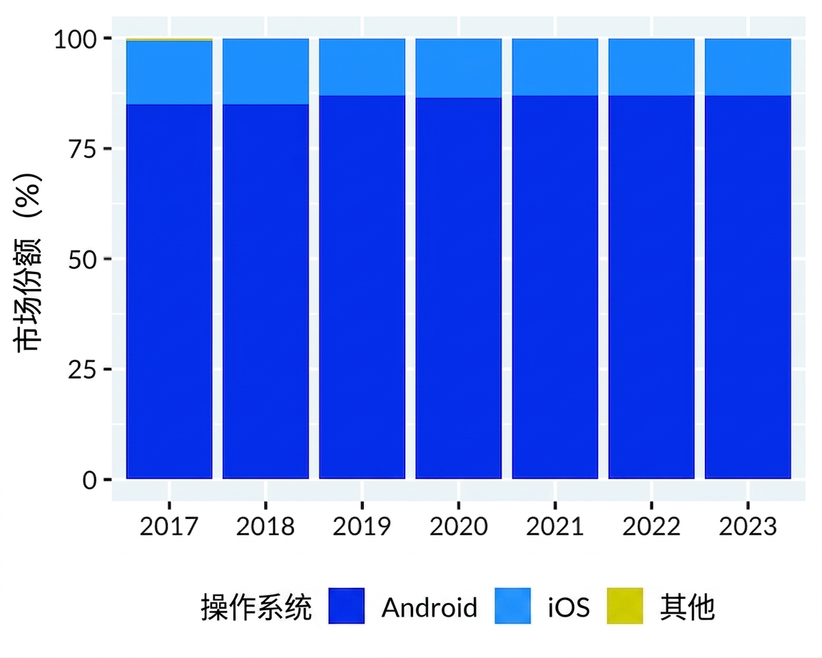 将手机操作系统图的 y 轴从 0 开始重绘，更清晰显示 Android 的受欢迎程度。