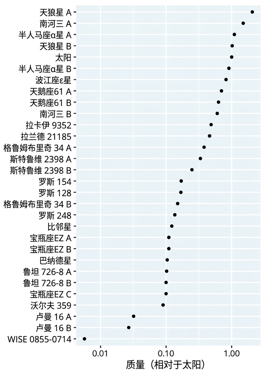 相对于太阳的附近恒星质量条形图。恒星按从重到轻排序。x 轴为对数刻度。
