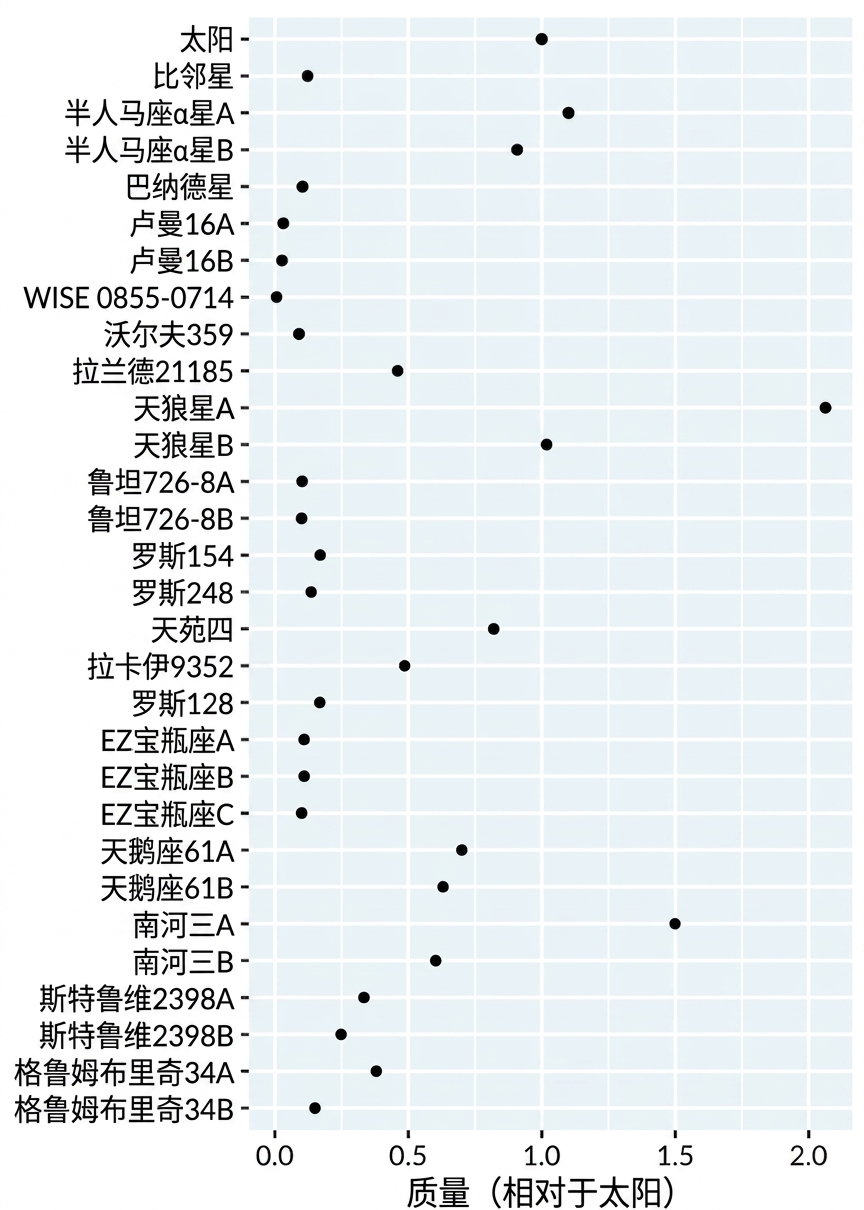 相对于太阳的附近恒星质量点图。恒星按距离由近到远排序。