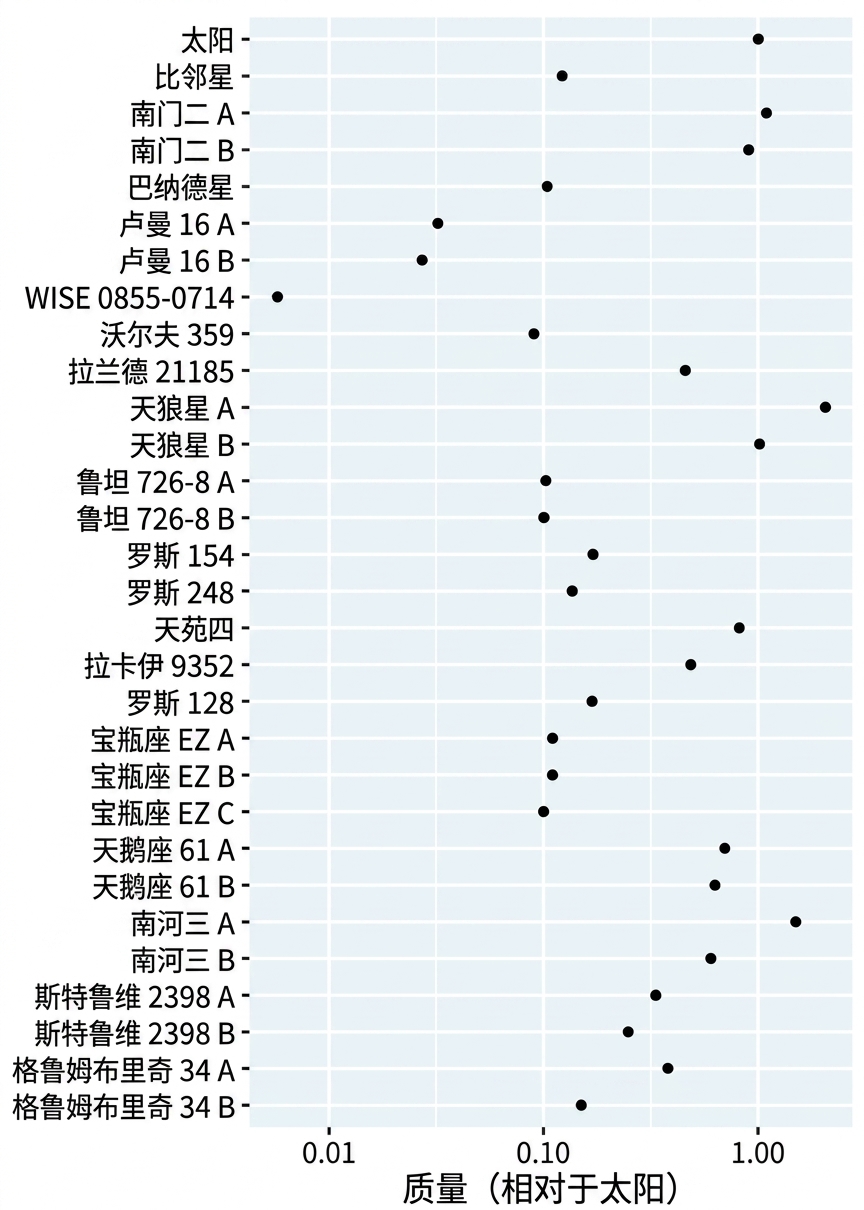 相对于太阳的附近恒星质量条形图。恒星按距离由近到远排序。x 轴为对数刻度。